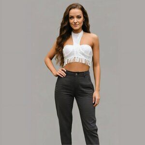 Bustier Top – Club Exx – Iridescent White – Sequin Halter w/ Fringe & Open Back